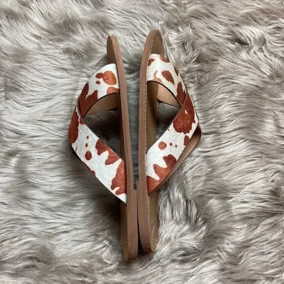 Very G Annie Seaside Cow Print Double Cross Strap Vegan Animal Fur Sandal Slides - Picture 7 of 9